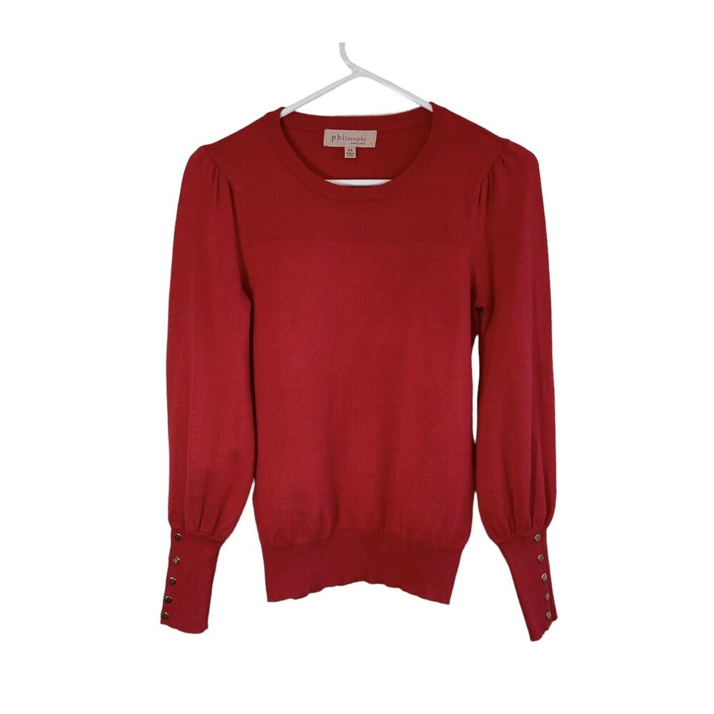 Philosophy Womens Red Sweater XS Puff Sleeve Gold Buttons ClassicCore Corpcore
